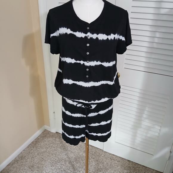 American Living XL black and white striped shorts romper 100% cotton drawstring - Picture 3 of 13